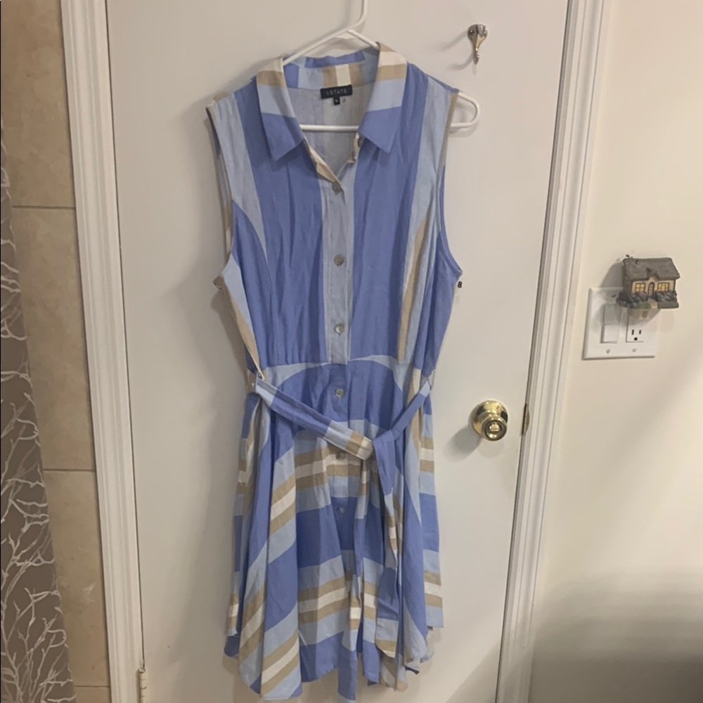 NWOT 1 State Blue and Tan Sleeveless Sundress in Sz XL-Linen Blend.